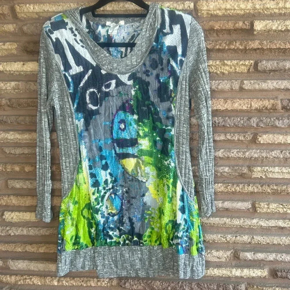 Elysee 26 Bold Green Blue Gray Print Hooded Long Sleeve Sweater Size Large - Picture 9 of 10